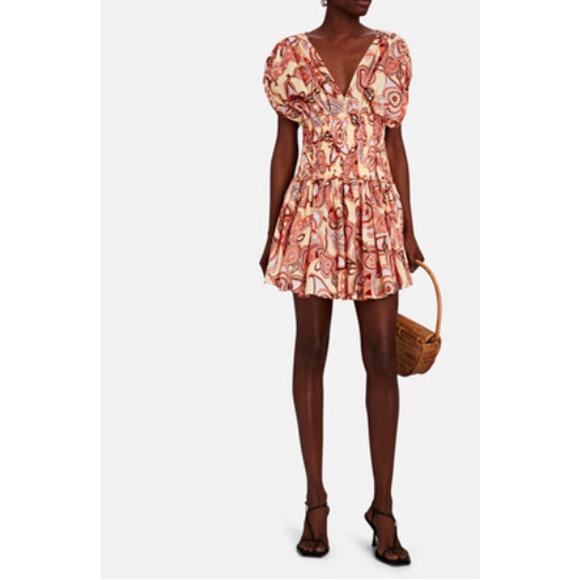 NWT A.L.C. Luna Mini Dress Smocked Ruched Ruffle ALC V-Neck Paisley Print sz S 4 - Picture 14 of 15